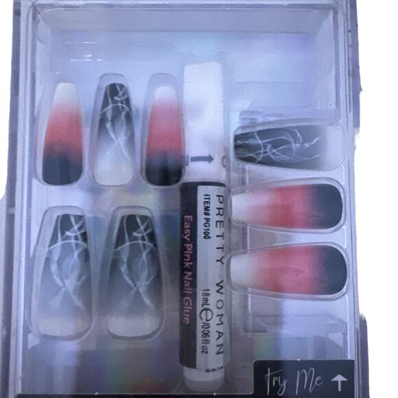 Pretty Woman Faux Nails Black Red Ombre Coffin 24pc Glue On Press On - Picture 2 of 3